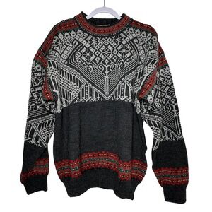 Christiana Sweater Mens L Norwegian Wool Reindeer Nordic Fair Isle Pullover Gray
